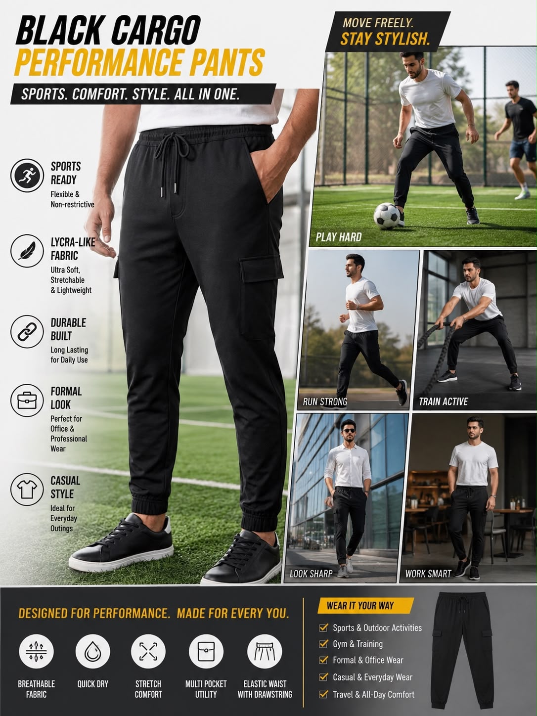Black Cargo Performance Pants for Men – Stretchable Sports & Casual Jogger Pants with Multi Pockets